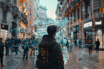 A young man stands centered in a bustling urban street with complex digital graphs, icons, and geographical data overlaying the image