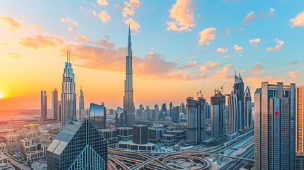 Fototapeta na wymiar Dubai downtown with modern skyscrapers at sunset. Dubai