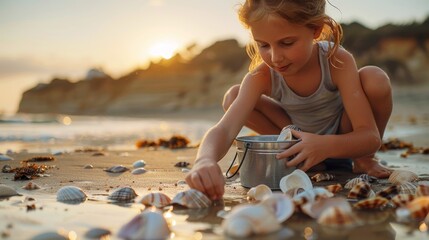 Young girl collecting seashells on the beach at sunset, immersed in nature - obrazy, fototapety, plakaty