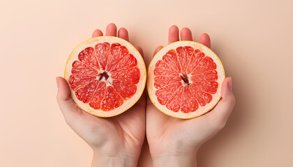 Female hands with halves of sweet grapefruit fruits on beige background
