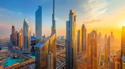 Dubai downtown with modern skyscrapers at sunset. Dubai - obrazy, fototapety, plakaty