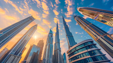 Dubai downtown with modern skyscrapers at sunset. 