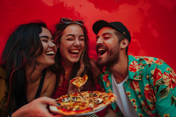 A group of friends sharing a pizza at a party, laughing and enjoying the moment, isolated on a festive red background with copy space to the left for text