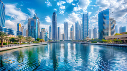 Dubai downtown with modern skyscrapers on the water 