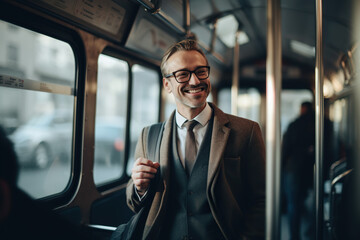 happy executive in a suit chats on the phone in a bus