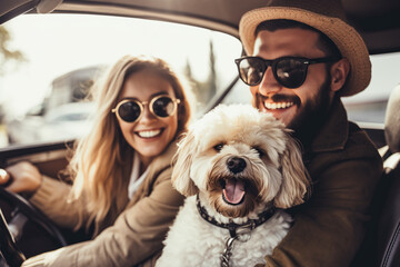 happy couple and their pet enjoy a car ride together