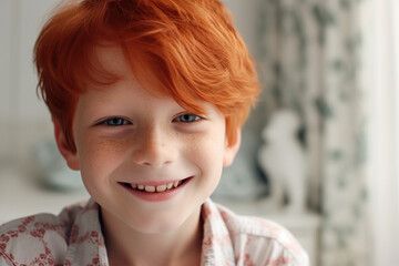 Happy Red-Haired Boy Grins In His New White Room During Summer