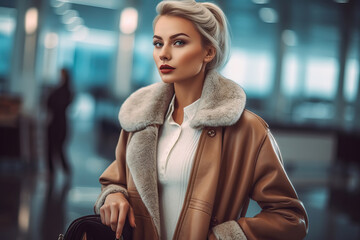Cute Girl Influencer In Stylish Outfit Waiting For Her Flight At The Airport Terminal