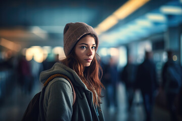 Young Pretty Girl Traveler Searching For Her Flight Gate In Airport Terminal