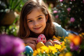 Small Girl Clutching Vibrant Easter Eggs Surrounded By Blossoming Flowers