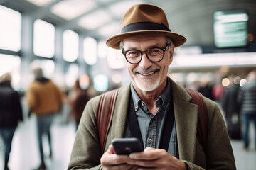 Man Using His Smartphone To Check Flight Timings At Airport Terminal
