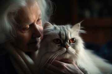Elderly Lady Inside Her House, Holding Her Cute Persian Cat