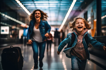 Happy Mom With Her Cute Kid Running Through Train Station
