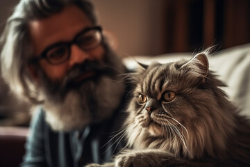 Smiling Man And A Persian Kitten On A Sofa At Home