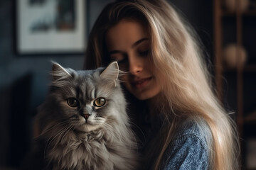 Grinning Girl Clutching Her Persian Kitty Cat