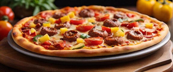 A colorful and vibrant pizza with a thick and fluffy crust, loaded with tangy tomato sauce, savory sausage, crunchy bell peppers, and sweet pineapple chunks.