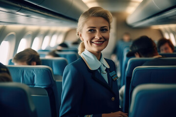Friendly Stewardess Looking Nice On Board A Plane