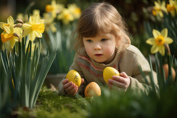 Small Girl With Easter Eggs Surrounded By Yellow Daffodils
