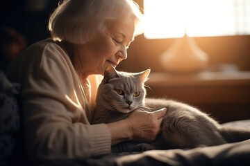 Elderly Lady Cuddling Her Cute British Shorthair Cat