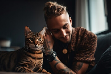 Joyful Man With His Curious Bengal Kitten