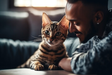 Joyful Man With His Curious Bengal Kitten