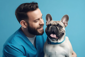 Skilled Male Veterinarian Doctor Is Seen Gently Holding A Cute French Bulldog Against A Soothing Blue Background