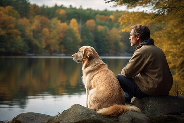 Man Is Sitting By The Lake With His Loyal Friend, A Golden Retriever Breed Dog, Enjoying The Serene Environment