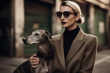 Stylish Young Lady Is Strolling Through The Heart Of The City With Her Elegant Greyhound By Her Side