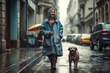 Smiling Woman Walking With Her Lovely Dog In The Rain In City