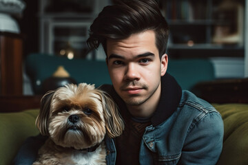 A Young Man, Sporting A Trendy Haircut, Is Tenderly Cradling His Adorable Pet Dog In His Arms