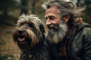 Homeless Bearded Man With A Shaggy Dog Outdoors - obrazy, fototapety, plakaty