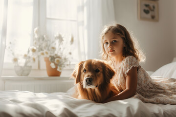 Sweet Little Girl Hugs Dog In Bed at Home