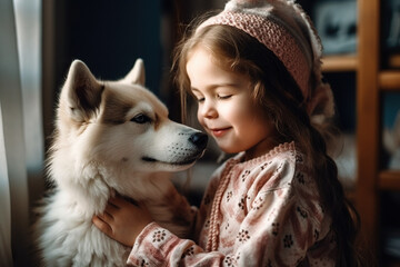Smiling Little Girl Hugs Dog At Home, Happy Child With Pet