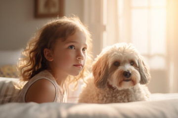 Happy Child With Pet, Small Girl And White Dog Lie On Bed In Bedroom
