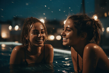 Couple Of Beautiful Young Girls Enjoy In Pool Against Backdrop Of Night City