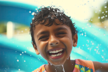 Sweet Child Enjoys In Water Park, Amusement Place For Kids