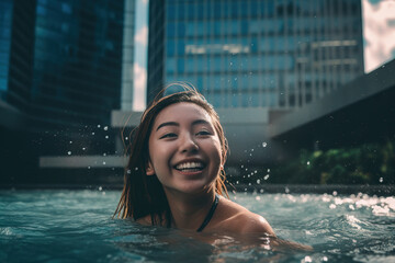 Beautiful Girl Enjoys And Smiles In Rooftop Skyscraper Pool, Magnificent Place For Relaxation And Leisure In Metropolis