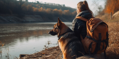 tourist girl with German shepherd dog sitting at the river, generative AI - obrazy, fototapety, plakaty