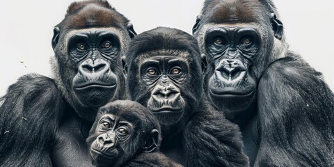 Fototapeta premium portrait of gorilla family with baby, isolated on white background
