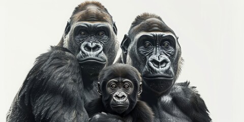 portrait of gorilla family with baby, isolated on white background