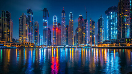 Dubai Marina with modern skyscrapers at night. Dubai 