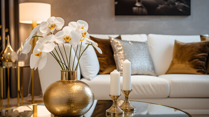 home design with white furnishings and gold touches, a Stylish interior with white furniture and luxurious gold accents, and an Elegant white and gold-themed modern living room.