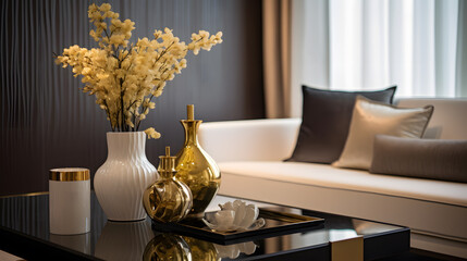 home design with white furnishings and gold touches, a Stylish interior with white furniture and luxurious gold accents, and an Elegant white and gold-themed modern living room.