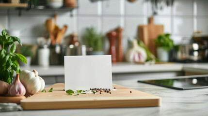 cooking show set with blank recipe card mockup for cooking demonstrations