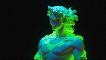 green neon light glowing god apollo greek statue on pl plain black background from Generative AI
