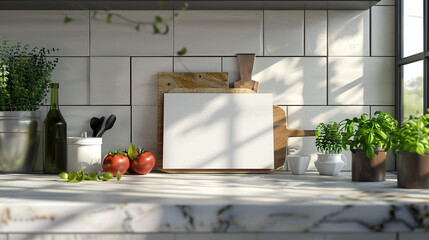 cooking show set with blank recipe card mockup for cooking demonstrations