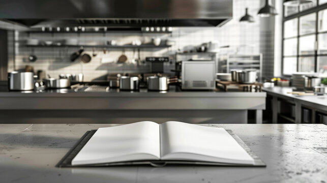 Interior kitchen with blank recipe book mockups for culinary professionals