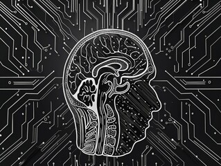 A monochrome drawing of a human head with a circuit board in the background, combining organism and technology in a stylish art piece with intricate patterns