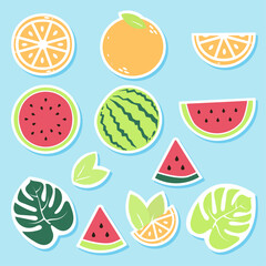 A set of stickers depicting summer fruits and tropical leaves