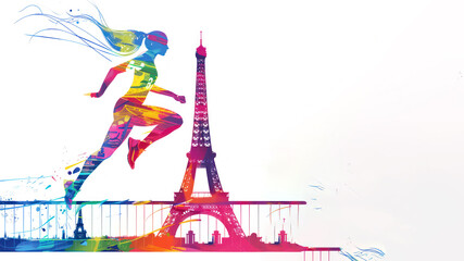 Colorful painting of athletes jumping over hurdles by the Eiffel Tower